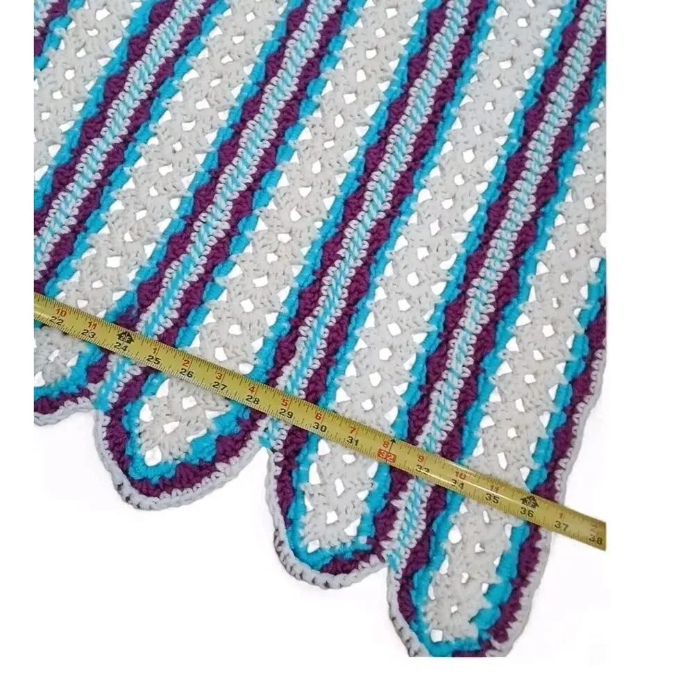 VNT Crochet Blanket Throw Afghan 68.x37 Blue White Stripes Scallop Hippie Granny
